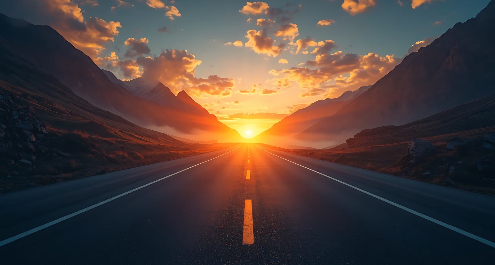 An open road at sunrise