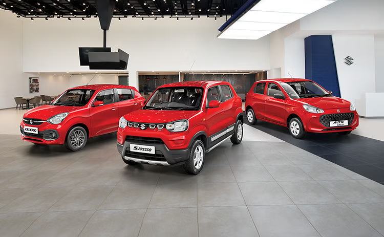New Maruti Suzuki cars on a showroom floor